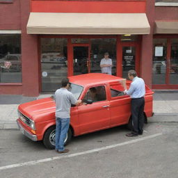 A three-dimensional image of a man giving a box to another man inside a store. Outside the store, on the street, is a red truck.