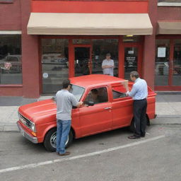 A three-dimensional image of a man giving a box to another man inside a store. Outside the store, on the street, is a red truck.