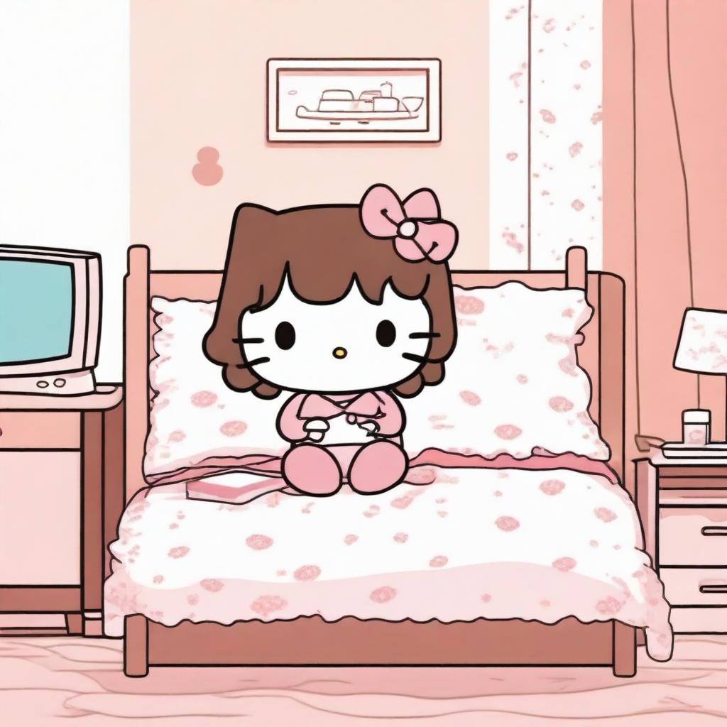 Hello Kitty with bangs and curly hair watching a series on her bed