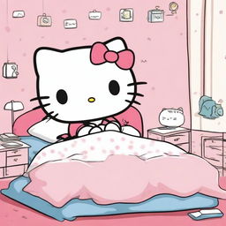 Hello Kitty with bangs and curly hair watching a series on her bed