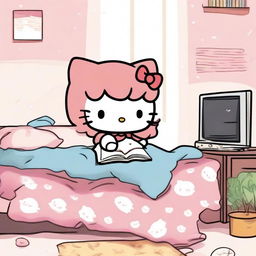 Hello Kitty with bangs and curly hair watching a series on her bed