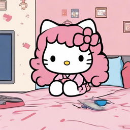 Hello Kitty with bangs and curly hair watching a series on her bed