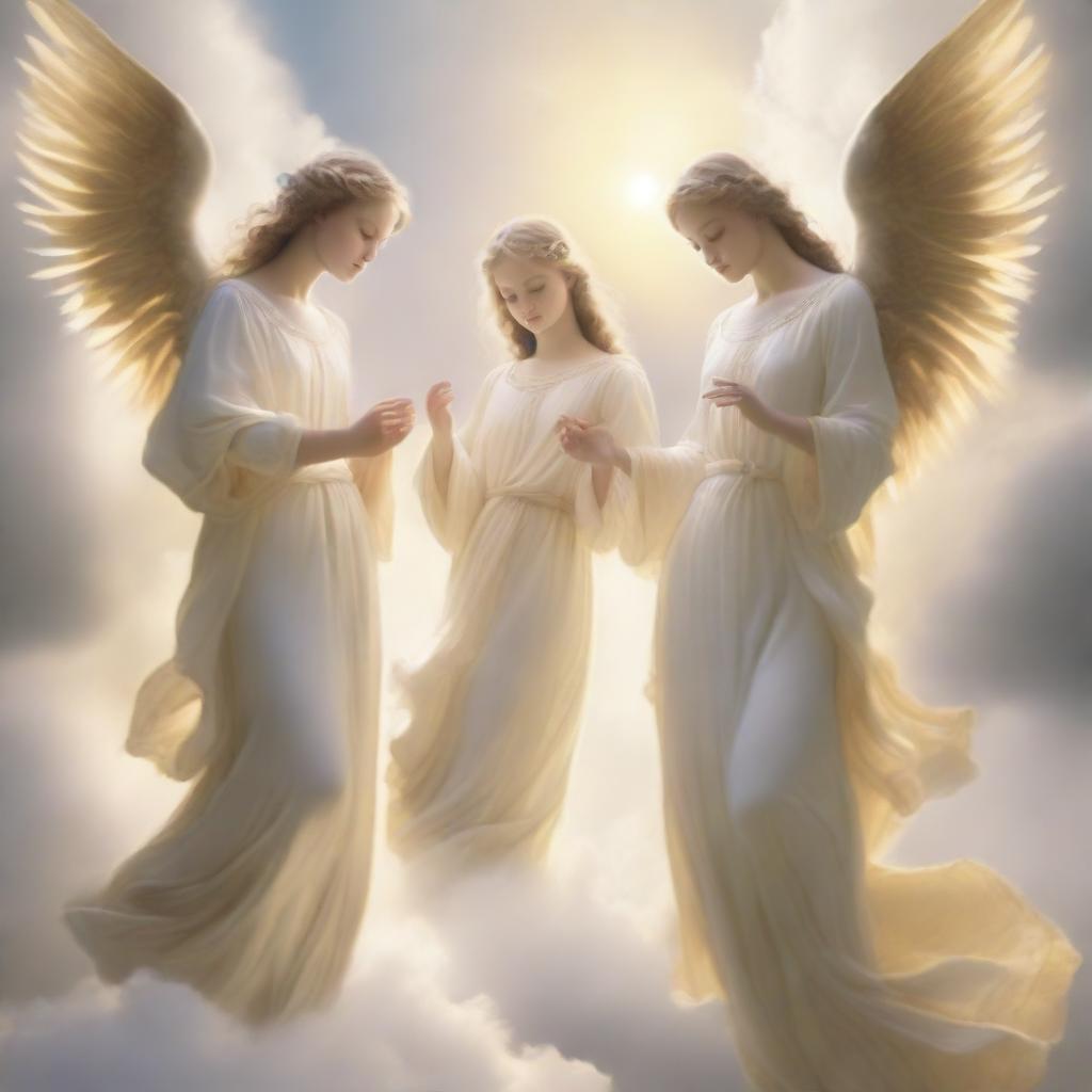 A serene depiction of angels in a heavenly setting, with soft clouds and a golden light illuminating their wings