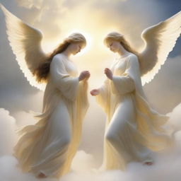 A serene depiction of angels in a heavenly setting, with soft clouds and a golden light illuminating their wings