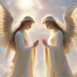 A serene depiction of angels in a heavenly setting, with soft clouds and a golden light illuminating their wings