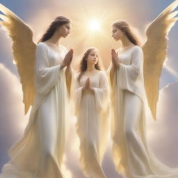 A serene depiction of angels in a heavenly setting, with soft clouds and a golden light illuminating their wings