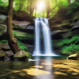 A beautiful waterfall cascading down a rocky cliff surrounded by lush green forest