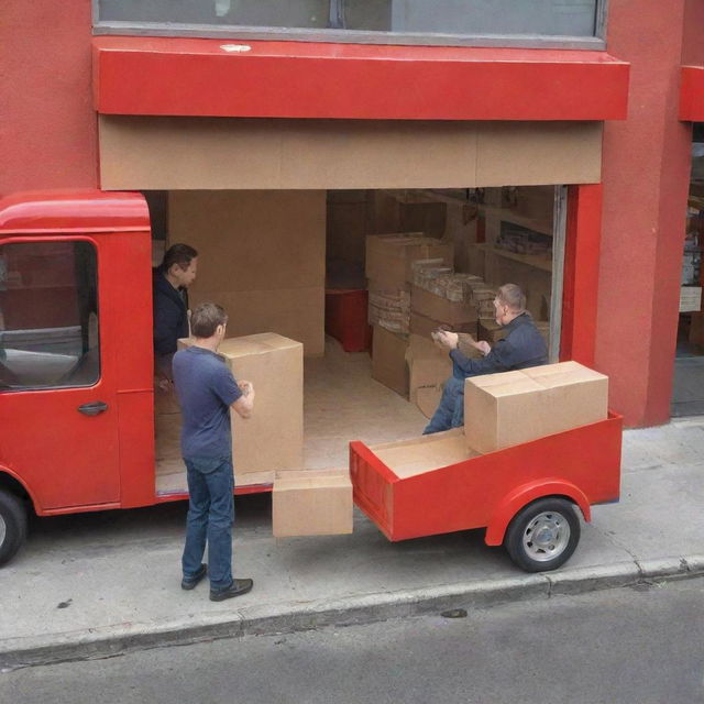 A three-dimensional image of a man giving a box to another man inside a store. Outside the store, on the street, is a red truck.