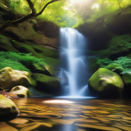 A beautiful waterfall cascading down a rocky cliff surrounded by lush green forest