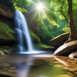 A beautiful waterfall cascading down a rocky cliff surrounded by lush green forest