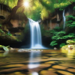 A beautiful waterfall cascading down a rocky cliff surrounded by lush green forest