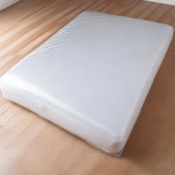 A front view of a bed mattress wrapped in plastic packaging