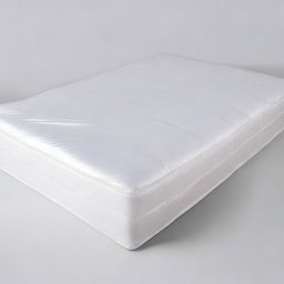 A front view of a bed mattress wrapped in plastic packaging