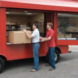 A three-dimensional image of a man giving a box to another man inside a store. Outside the store, on the street, is a red truck.