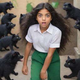 A 14-year-old Puerto Rican girl with large green eyes and black hair, wearing a white blouse and baggy black pants, is staring in amazement at the 20 small, furry creatures bustling around her feet.