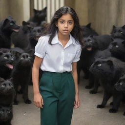 A 14-year-old Puerto Rican girl with large green eyes and black hair, wearing a white blouse and baggy black pants, is staring in amazement at the 20 small, furry creatures bustling around her feet.