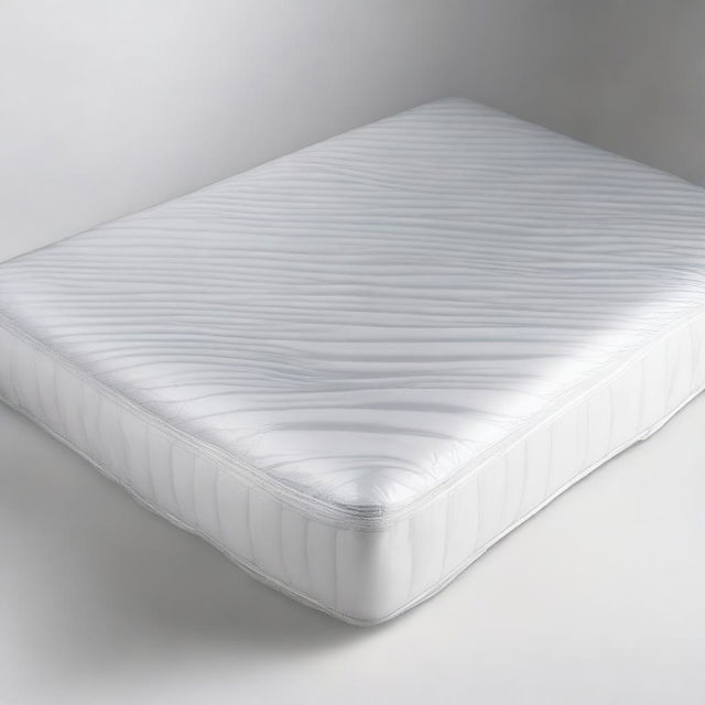 A front view of a bed mattress wrapped in plastic packaging and standing upright