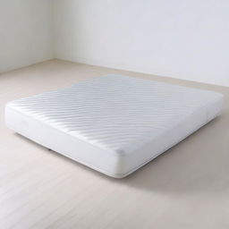 A front view of a bed mattress wrapped in plastic packaging and standing upright