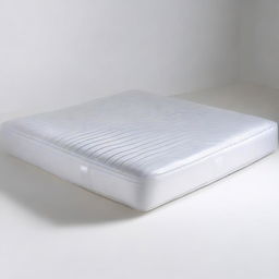 A front view of a bed mattress wrapped in plastic packaging and standing upright