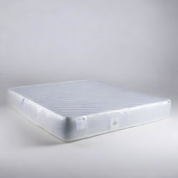 A bed mattress wrapped in plastic packaging