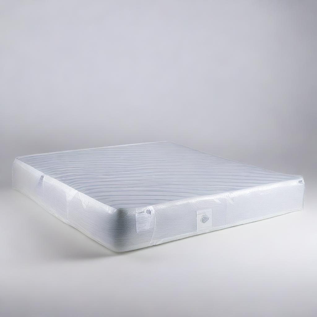 A bed mattress wrapped in plastic packaging