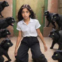 A 14-year-old Puerto Rican girl with large green eyes and black hair, wearing a white blouse and baggy black pants, is staring in amazement at the 20 small, furry creatures bustling around her feet.