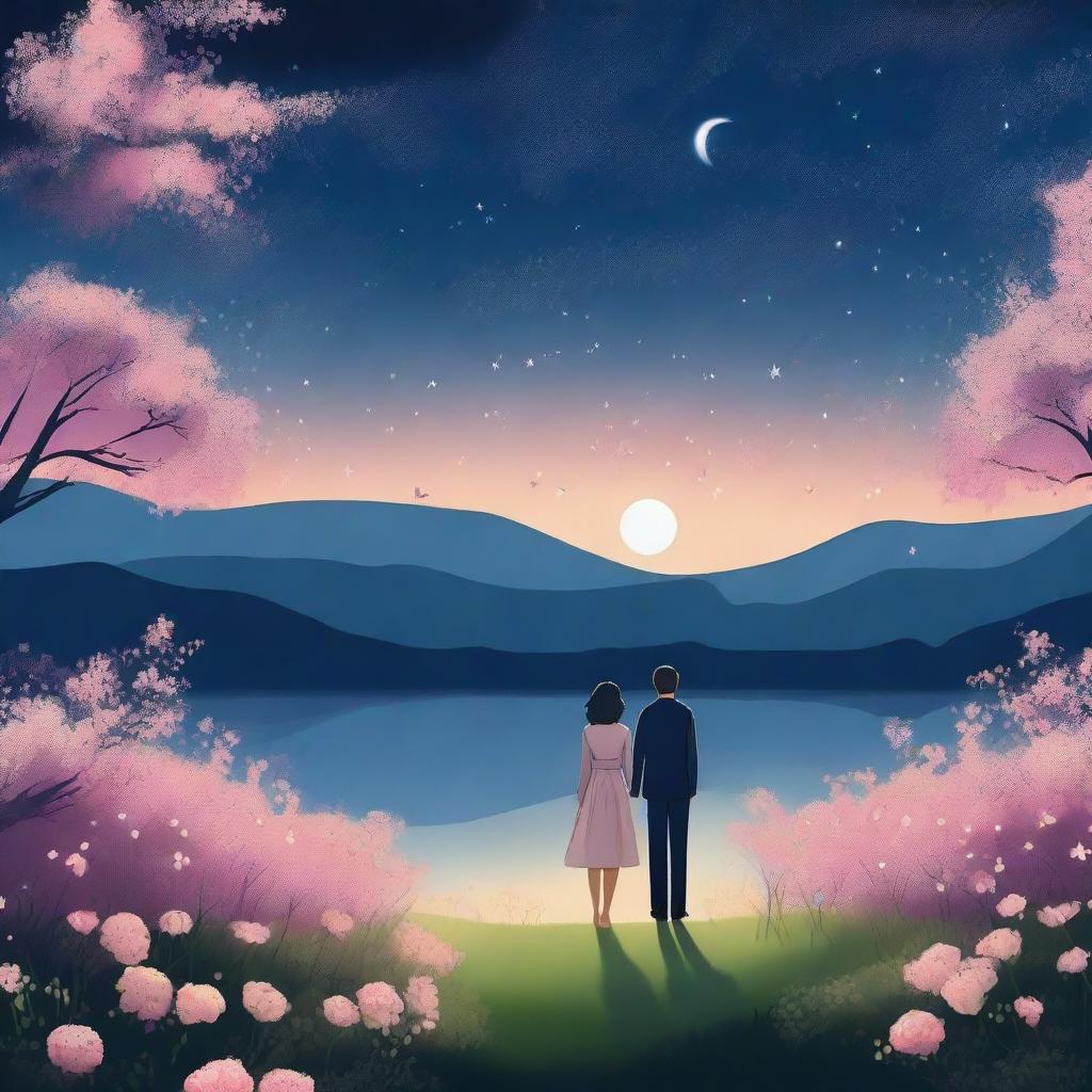 A romantic scene featuring a couple holding hands under a starry night sky, surrounded by blooming flowers