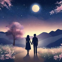 A romantic scene featuring a couple holding hands under a starry night sky, surrounded by blooming flowers