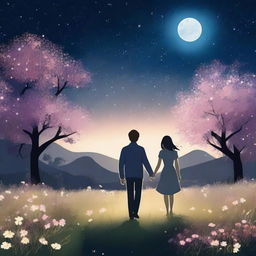 A romantic scene featuring a couple holding hands under a starry night sky, surrounded by blooming flowers