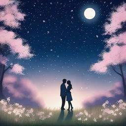 A romantic scene featuring a couple holding hands under a starry night sky, surrounded by blooming flowers