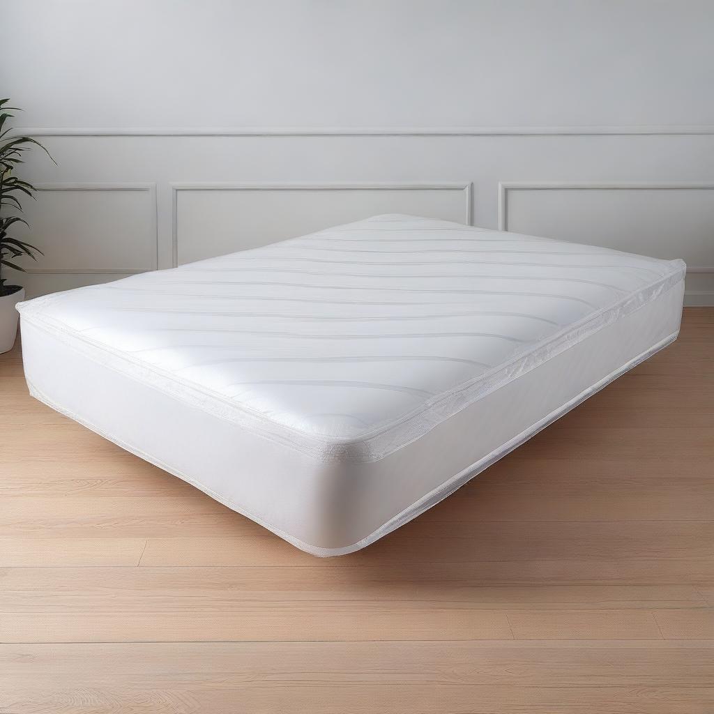 A front view of a bed mattress wrapped in plastic packaging