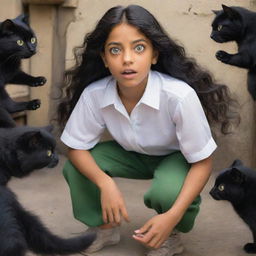 A 14-year-old Puerto Rican girl with large green eyes and black hair, wearing a white blouse and baggy black pants, is staring in amazement at the 20 small, furry creatures bustling around her feet.