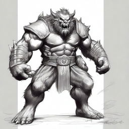 A detailed black and white sketch of a fierce bugbear warrior