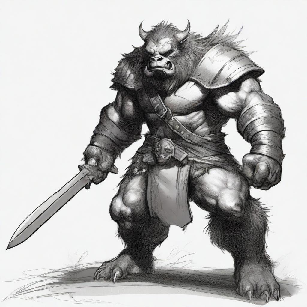 A detailed black and white sketch of a fierce bugbear warrior