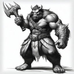 A detailed black and white sketch of a fierce bugbear warrior