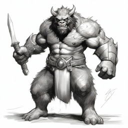 A detailed black and white sketch of a fierce bugbear warrior