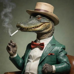 An anthropomorphic alligator leisurely smoking a hobby pipe