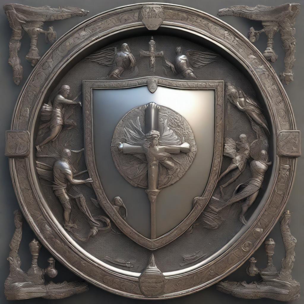 A medieval shield with Christian imagery, such as angels fighting demons, parting the Red Sea, and other displays of God's power