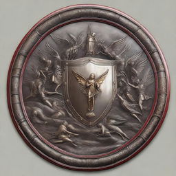 A medieval shield with Christian imagery, such as angels fighting demons, parting the Red Sea, and other displays of God's power