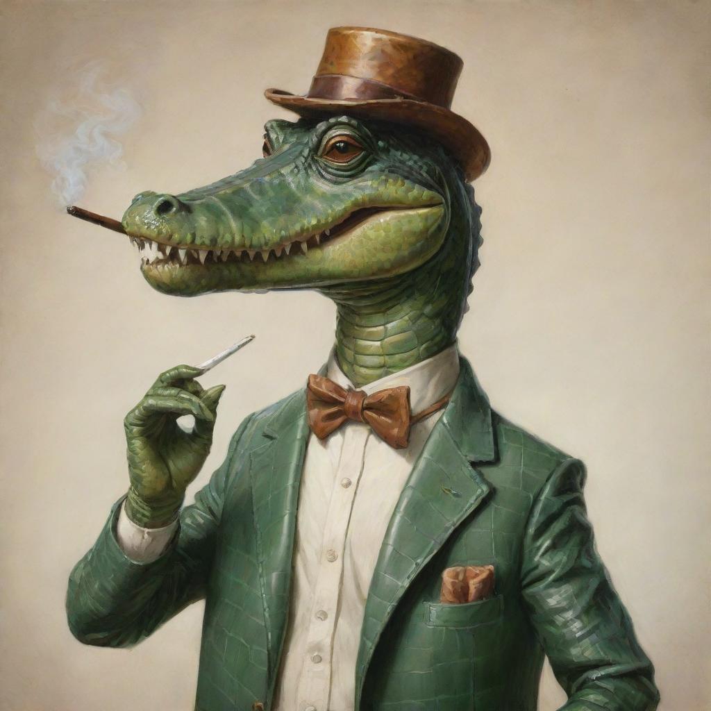 An anthropomorphic alligator leisurely smoking a hobby pipe