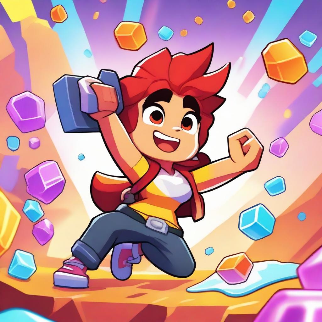 A vibrant and energetic scene from Brawl Stars, featuring the character Amber