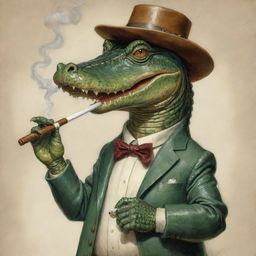 An anthropomorphic alligator leisurely smoking a hobby pipe