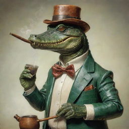 An anthropomorphic alligator leisurely smoking a hobby pipe