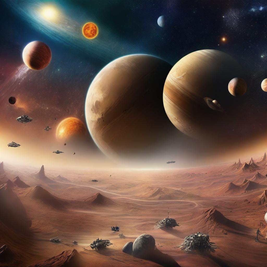 A magnificent scene depicting humanity advancing from the Solar System into the vast expanse of the universe