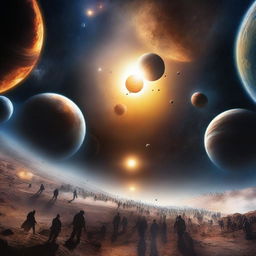 A magnificent scene depicting humanity advancing from the Solar System into the vast expanse of the universe