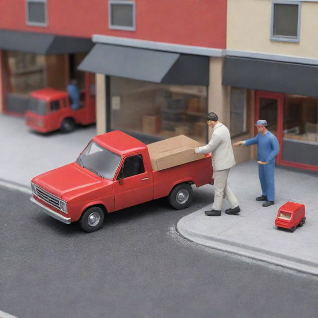 A 3D image of a man handing a small box to another man inside a store, with a view of a red truck parked on the street outside the store.