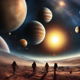 A magnificent scene depicting humanity advancing from the Solar System into the vast expanse of the universe