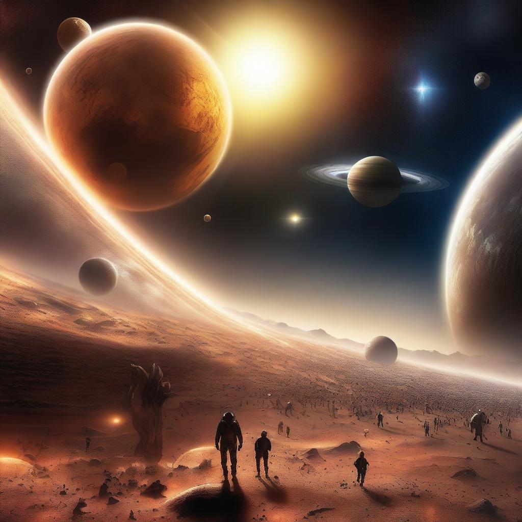 A magnificent scene depicting humanity advancing from the Solar System into the vast expanse of the universe