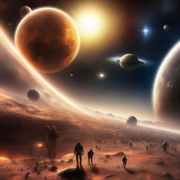 A magnificent scene depicting humanity advancing from the Solar System into the vast expanse of the universe