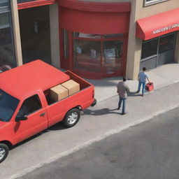 A 3D image of a man handing a small box to another man inside a store, with a view of a red truck parked on the street outside the store.